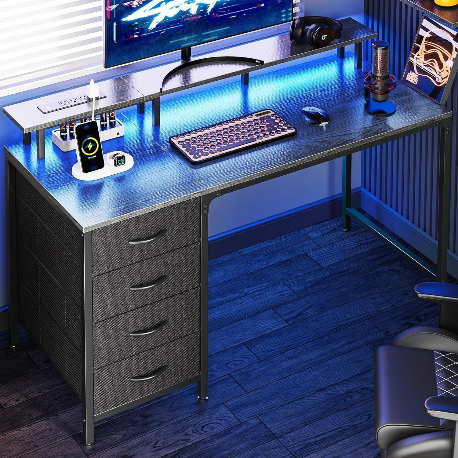47 Inch Computer Desk with Power Outlets and LED Lights, Gaming Desk with 4 Drawers, Office Desk with Monitor Stand, Study Desk Work Desk for Home Office, Small Spaces, Gray-0