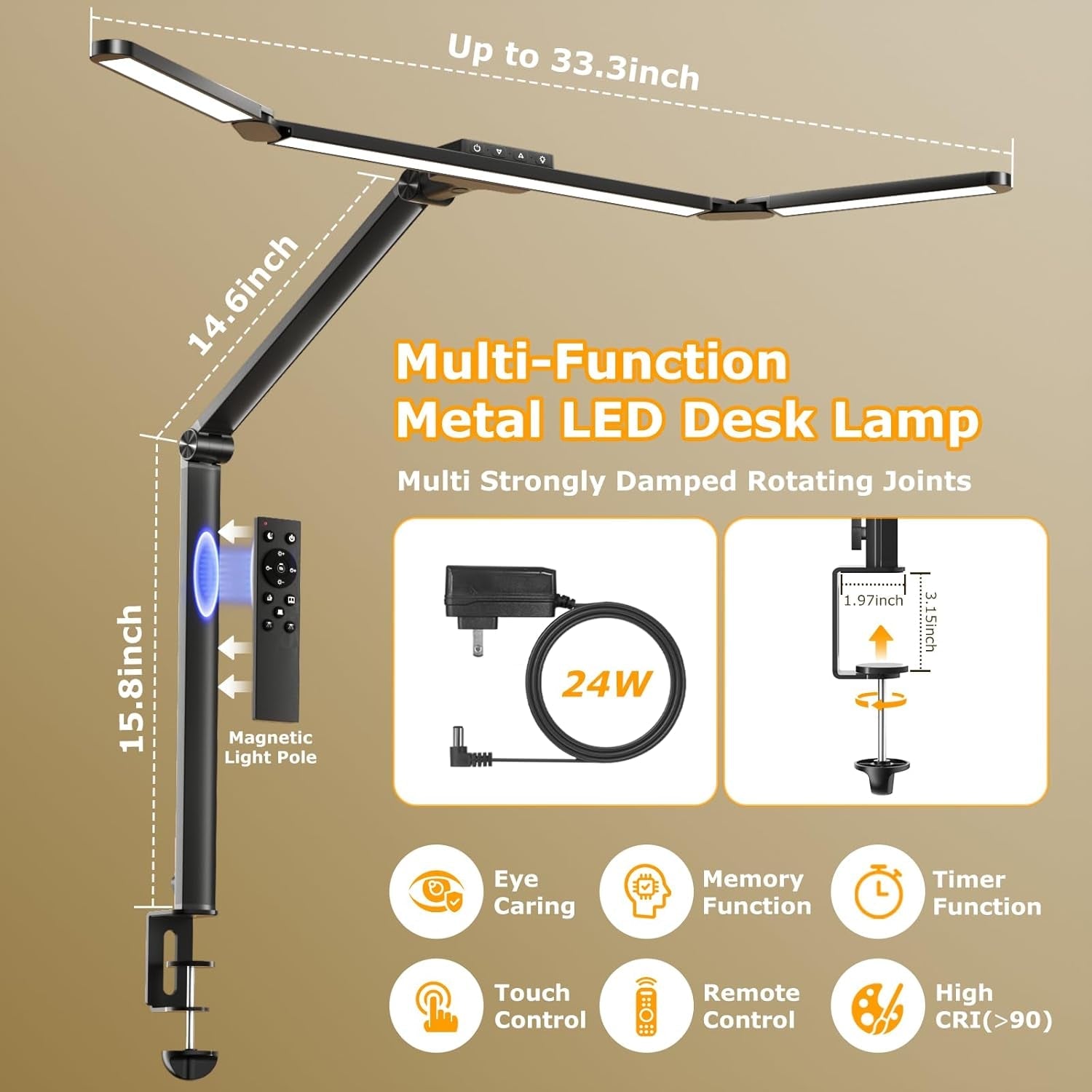 LED Desk Lamp with Clamp, Architect Desk Lamp for Home Office with Remote, 24W Ultra-Bright Desk Light with Stepless Dimming and Stepless Color Temp, Memory Function for Study and Workbench-2