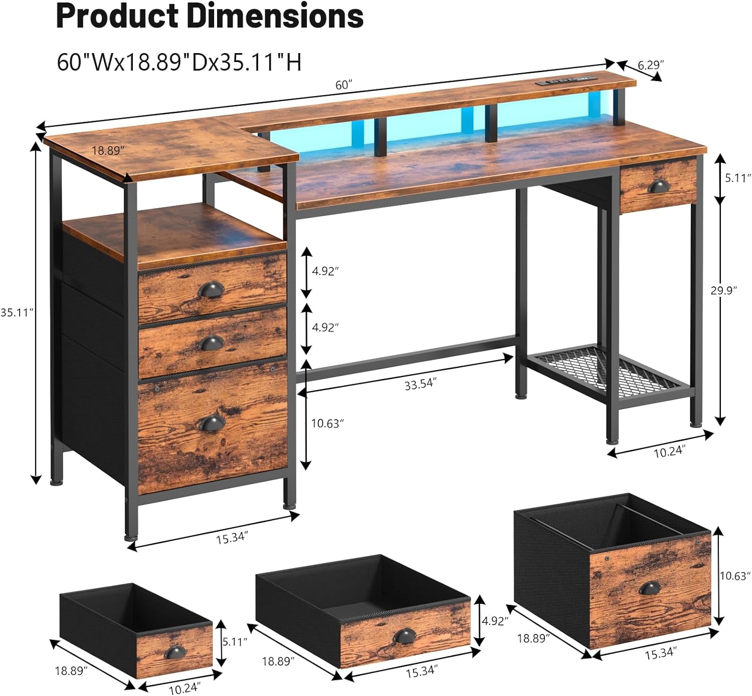 Computer Desk with 4 Drawers, 60" Office Long Desk with Fabric File Cabinet and Power Outlets, Gaming Desk with LED Lights, Study Writing Work Desk for Home Office, Rustic Brown-2