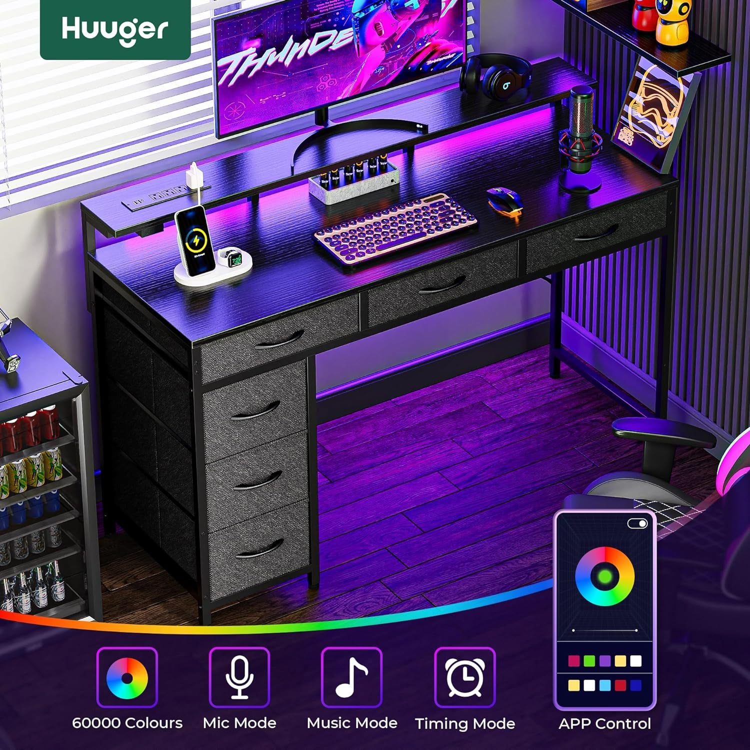 Gaming Desk with 6 Drawers, Computer Desk with LED Lights Power Outlets and Type-C, 47 Inch Office Desk with Storage, Monitor Stand, Writing Desk Work Desk Home Office, Bedroom, Study, Black-2