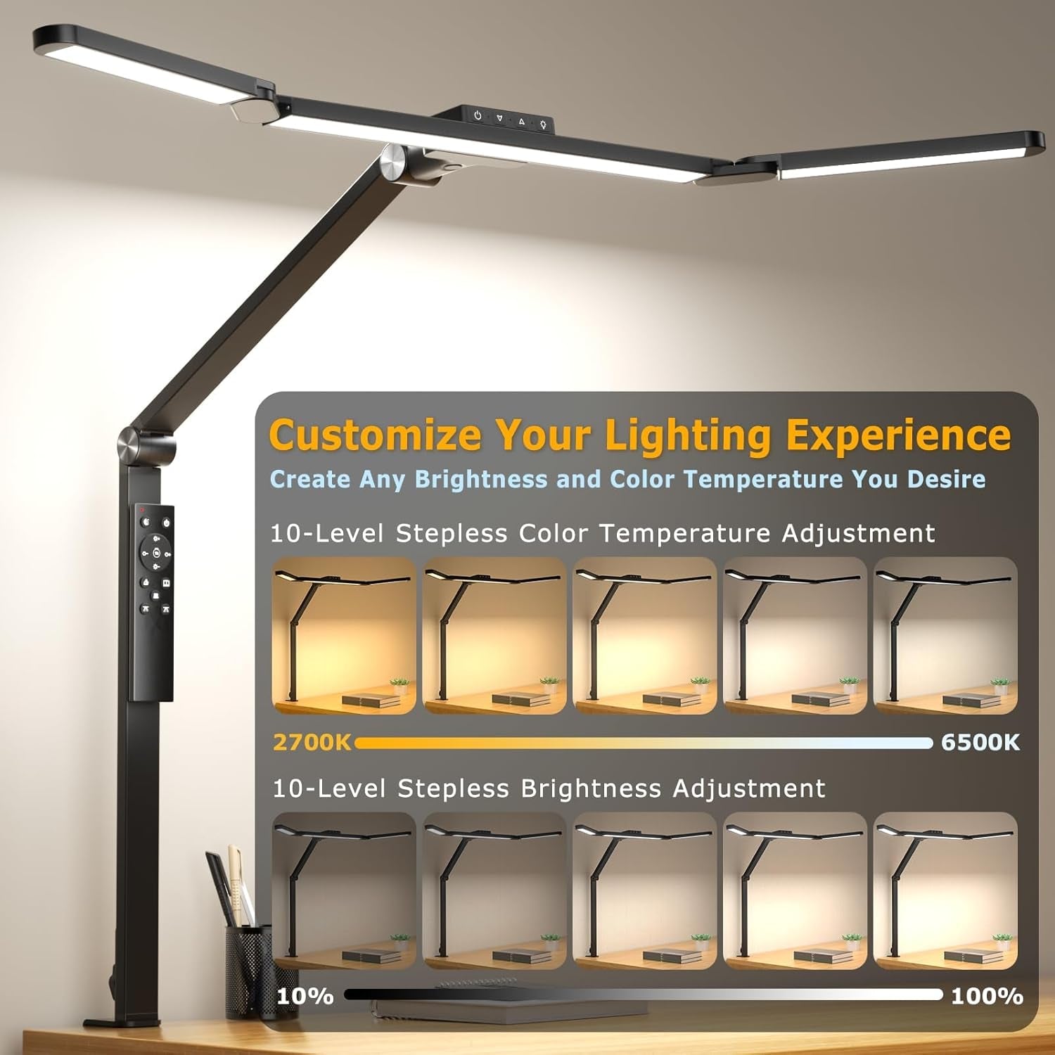 LED Desk Lamp with Clamp, Architect Desk Lamp for Home Office with Remote, 24W Ultra-Bright Desk Light with Stepless Dimming and Stepless Color Temp, Memory Function for Study and Workbench-4