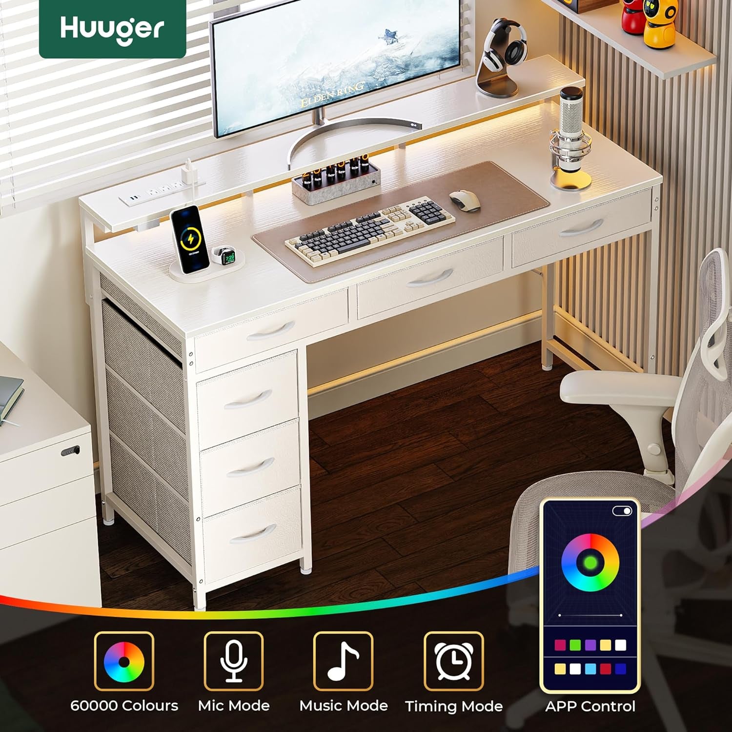 Gaming Desk with 6 Drawers, Computer Desk with LED Lights Power Outlets and Type-C, 47 Inch Office Desk with Storage, Monitor Stand, Writing Desk Work Desk Home Office, Bedroom, Study, White-3