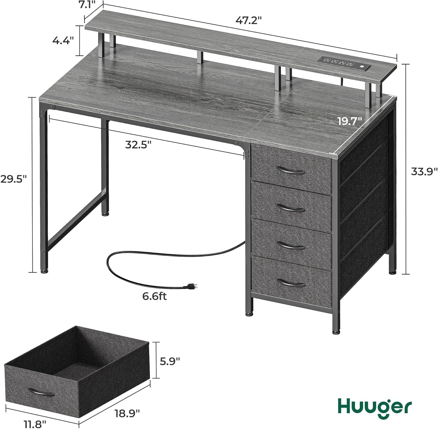 47 Inch Computer Desk with Power Outlets and LED Lights, Gaming Desk with 4 Drawers, Office Desk with Monitor Stand, Study Desk Work Desk for Home Office, Small Spaces, Gray-1