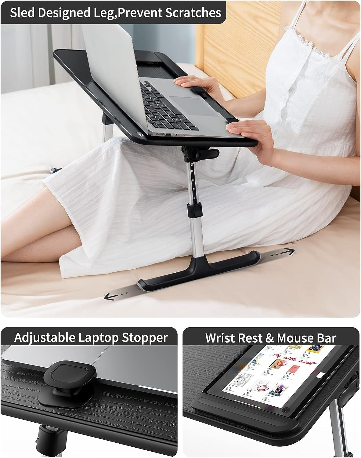 Laptop Desk for Bed,  Height & Angle Adjustable Laptop Stand for Bed, Lap Desk Bed Tray Table, Light Weight Foldable Portable Laptop Table for Couch Sofa Chair Floor Desk for Adults, Kids (Black)-3