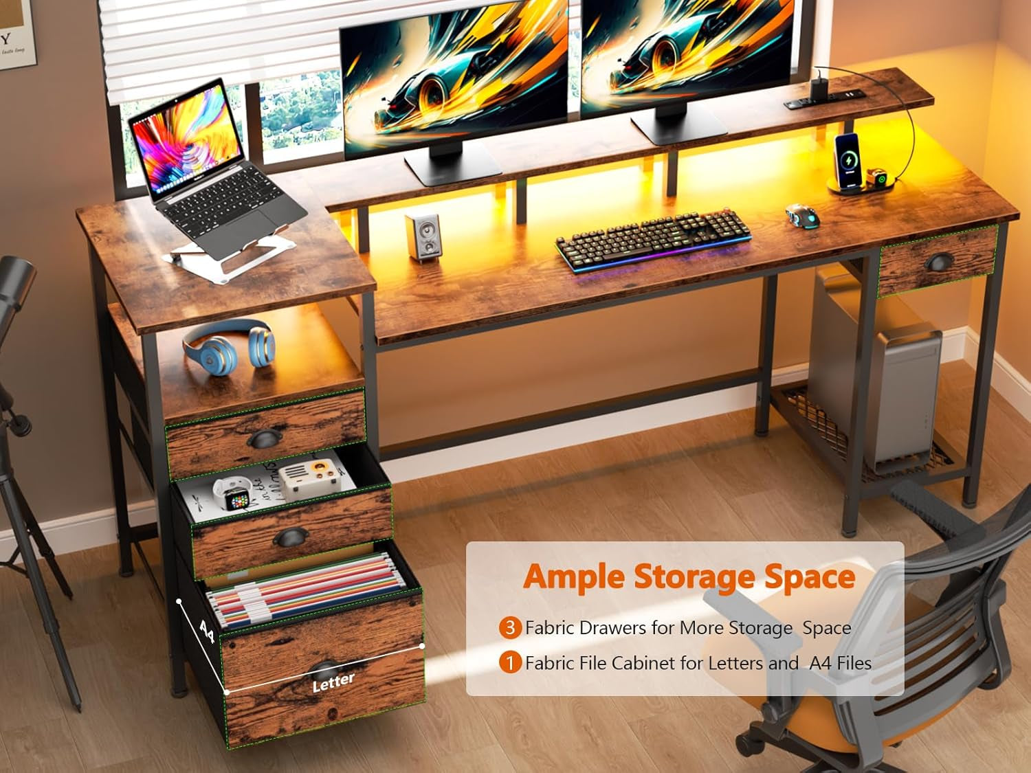 Computer Desk with 4 Drawers, 60" Office Long Desk with Fabric File Cabinet and Power Outlets, Gaming Desk with LED Lights, Study Writing Work Desk for Home Office, Rustic Brown-3
