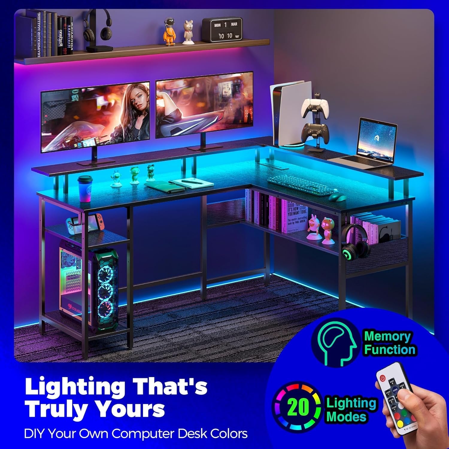 Computer Desk L Shaped 56.7" with LED Lights and Power Outlets, Reversible L Shaped Gaming Desk with Monitor Stand, Home Office Desk with Storage, Desk with USB Port and Hook, Black-3