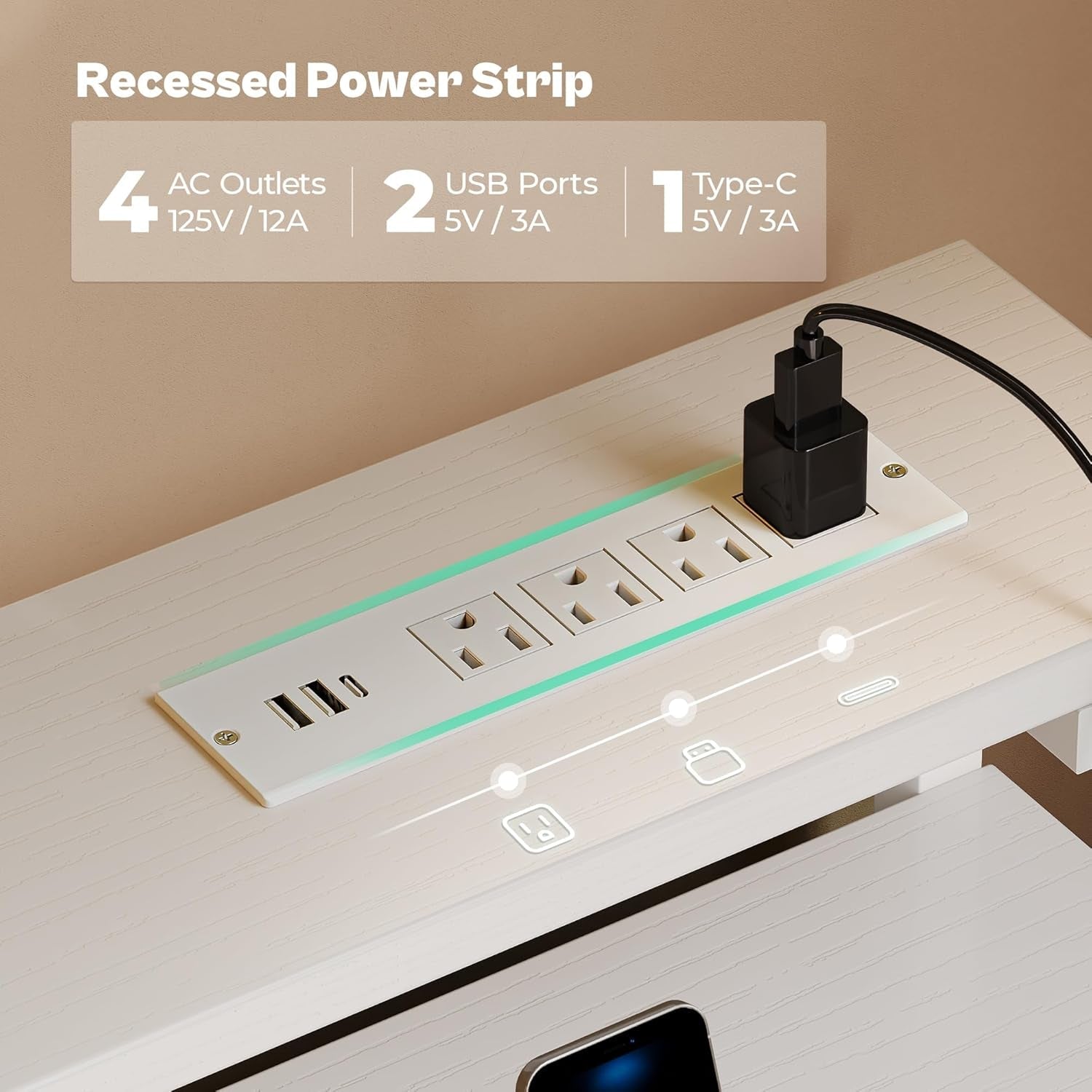 Gaming Desk with 6 Drawers, Computer Desk with LED Lights Power Outlets and Type-C, 47 Inch Office Desk with Storage, Monitor Stand, Writing Desk Work Desk Home Office, Bedroom, Study, White-4