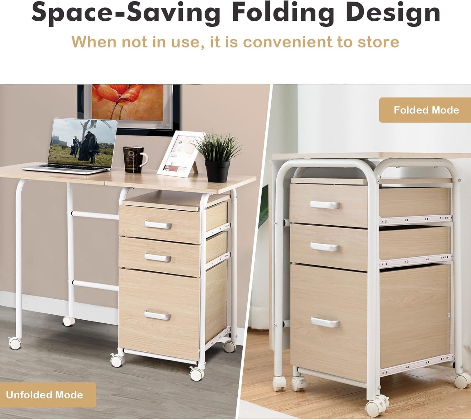 Foldable Laptop Desk with Drawers and Rolling Wheels-4