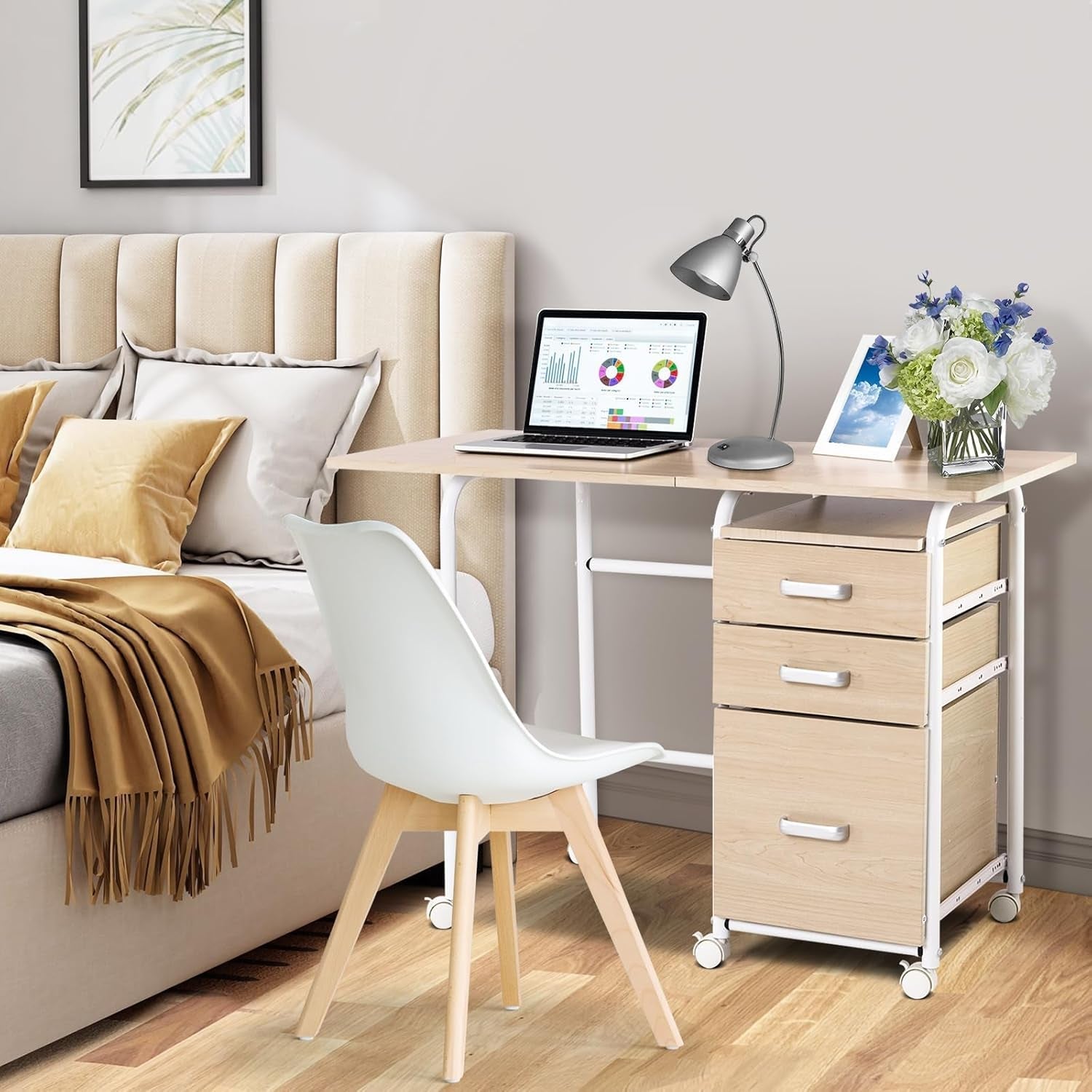 Foldable Laptop Desk with Drawers and Rolling Wheels-1