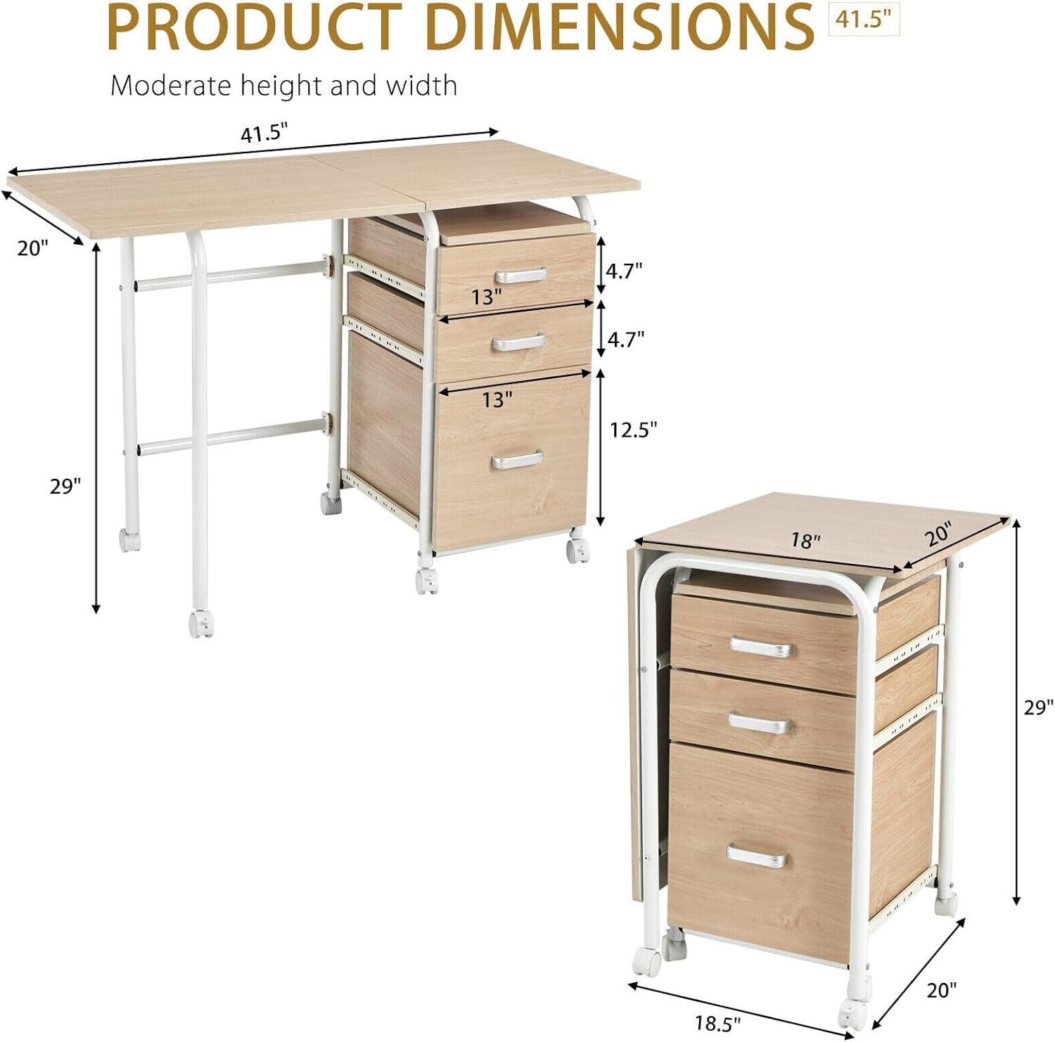 Foldable Laptop Desk with Drawers and Rolling Wheels-2