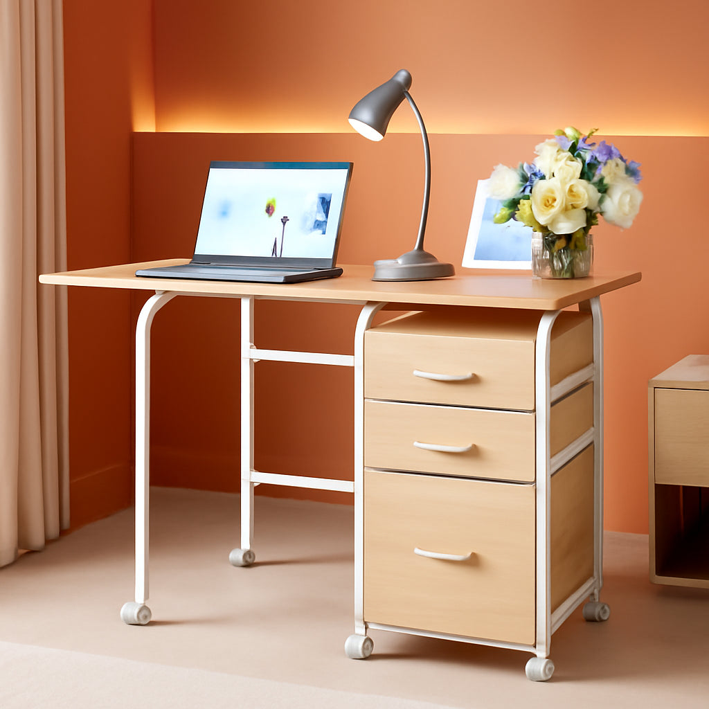 Foldable Laptop Desk with Drawers and Rolling Wheels-0