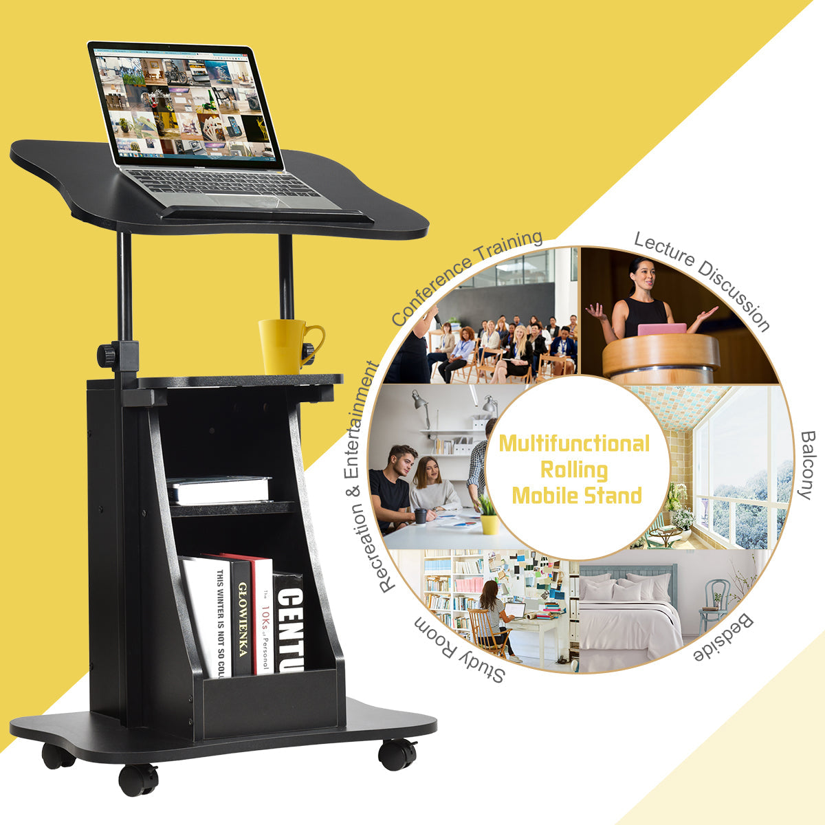NNECW Height Adjustable Mobile Laptop Desk with Wheels