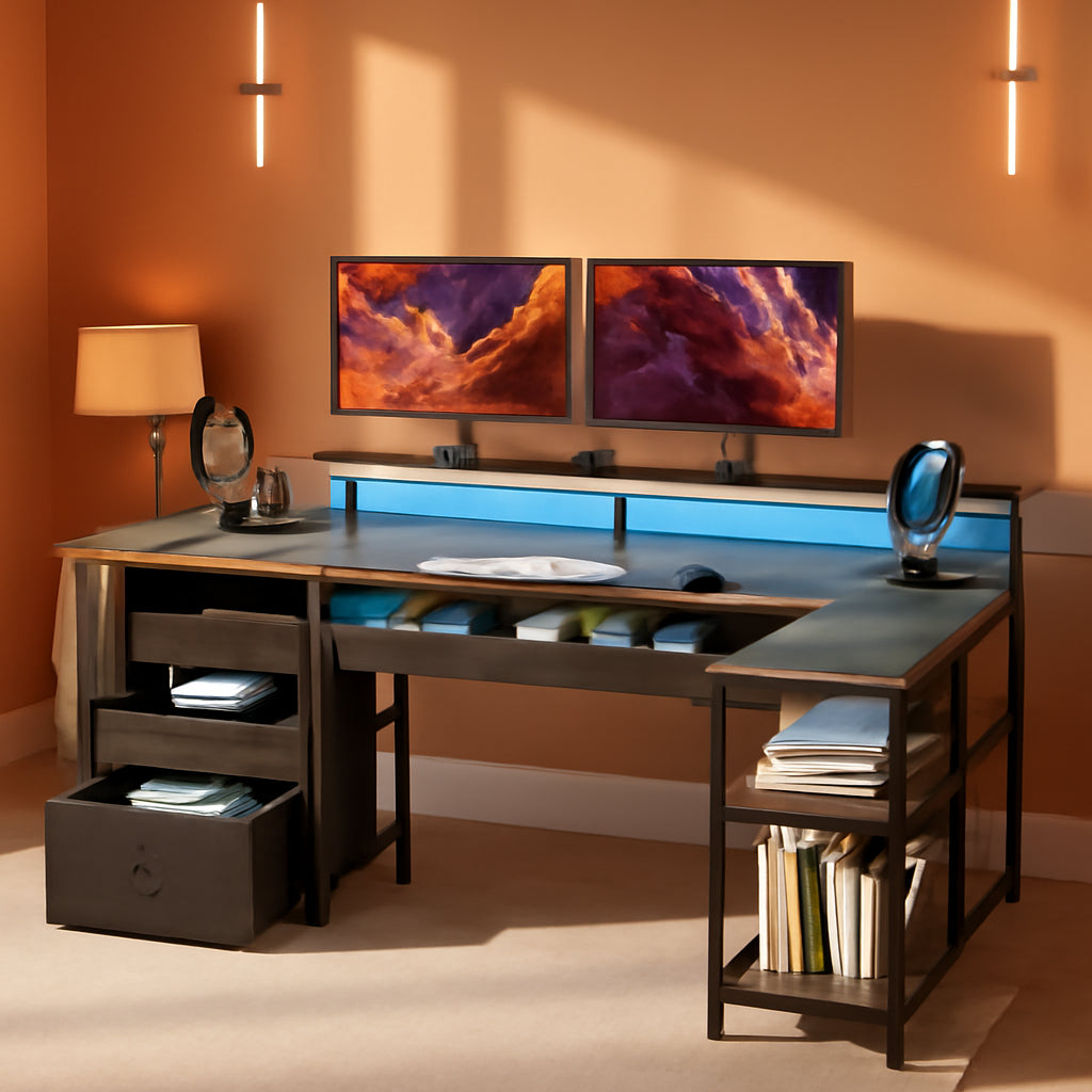 L Shaped Home Office Desk with Storage and LED Lights-0