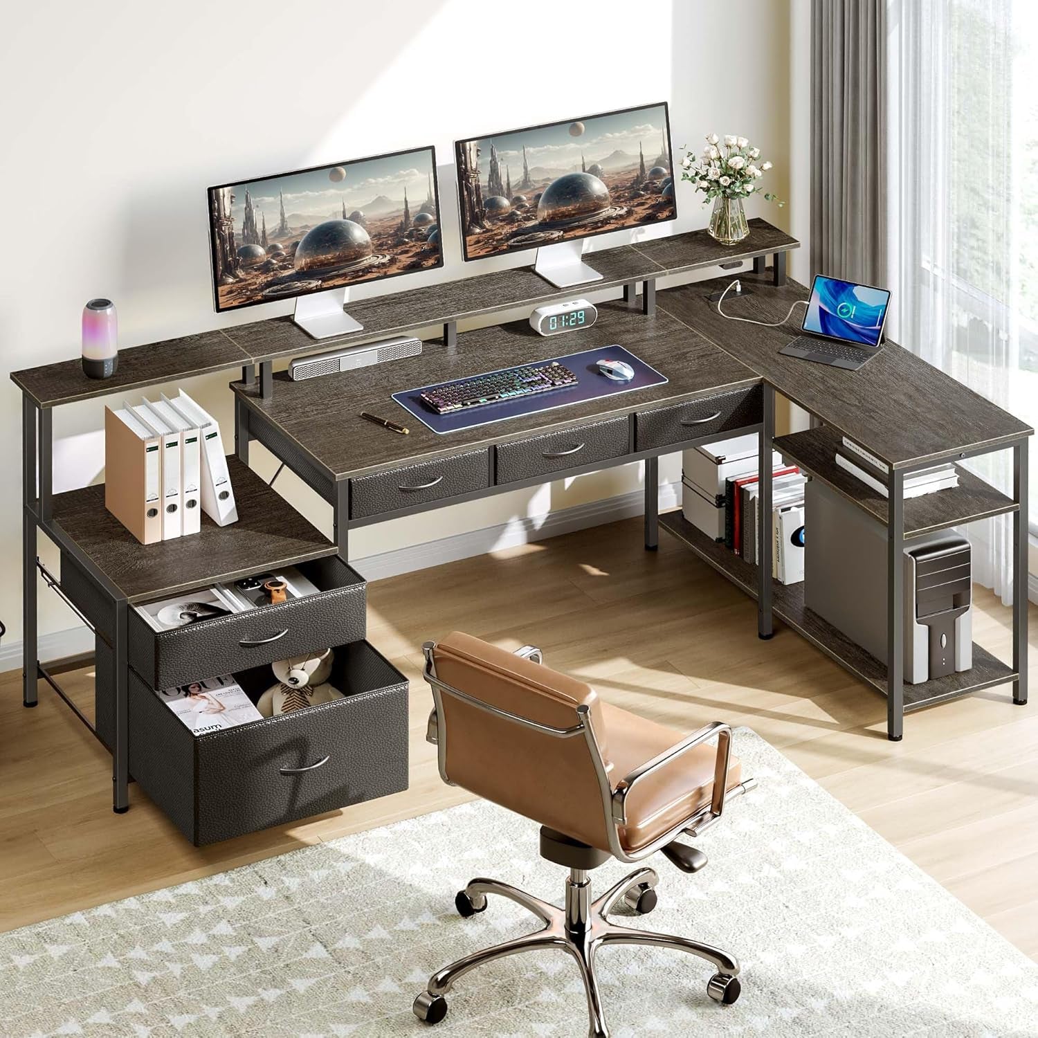 L Shaped Home Office Desk with Storage and LED Lights-1