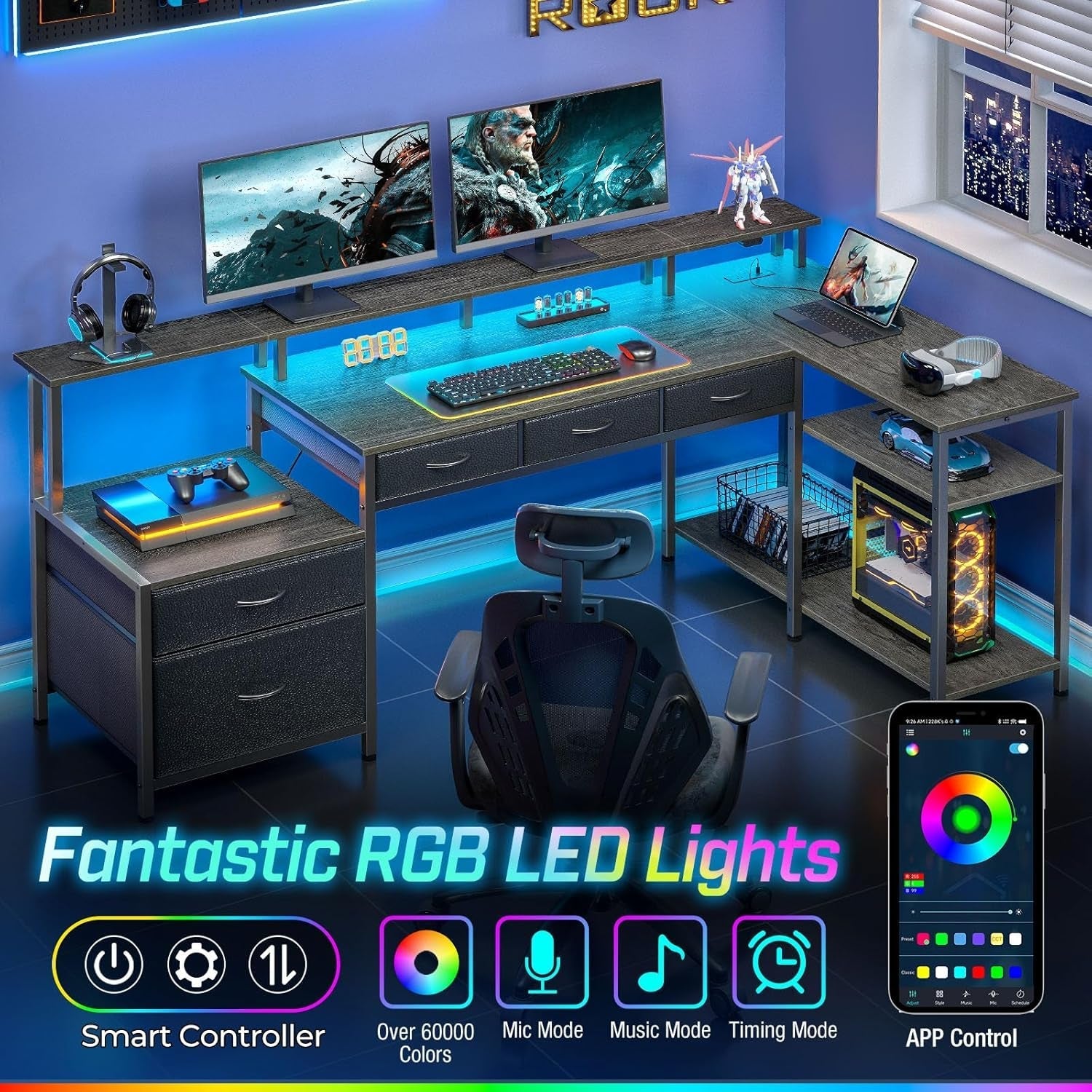 L Shaped Home Office Desk with Storage and LED Lights-3