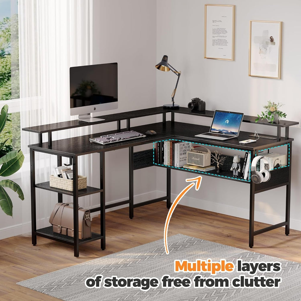Computer Desk L Shaped 56.7" with LED Lights and Power Outlets, Reversible L Shaped Gaming Desk with Monitor Stand, Home Office Desk with Storage, Desk with USB Port and Hook, Black-4